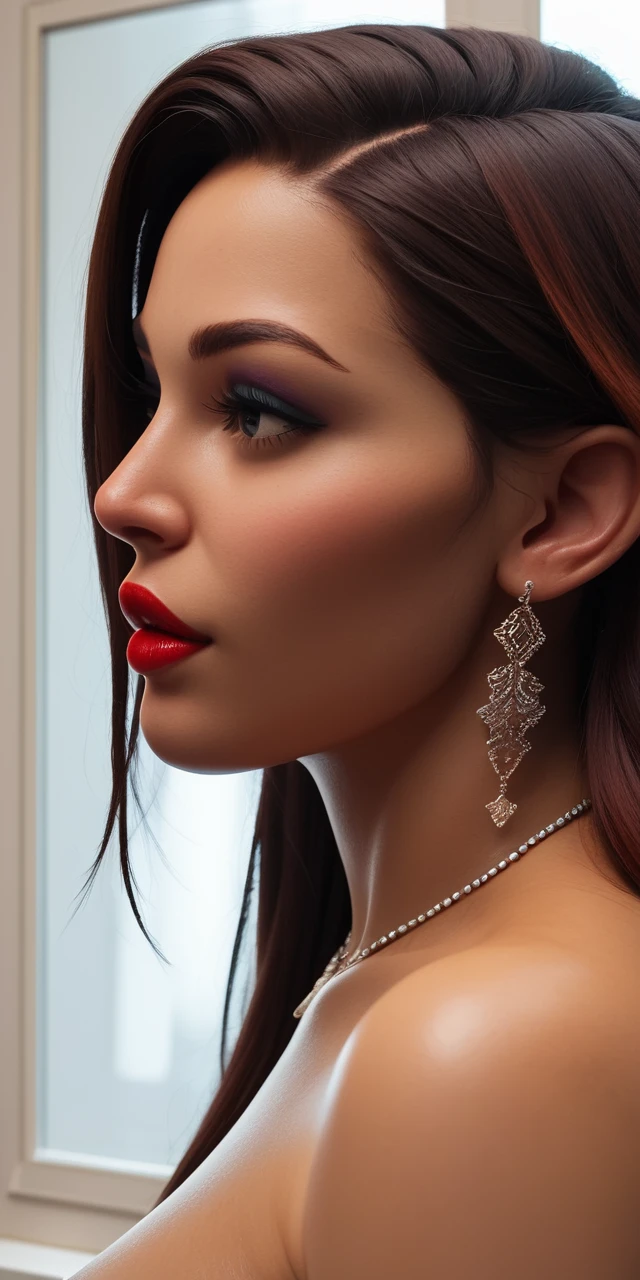 Tan brunette woman in bathroom profile applying lipstick