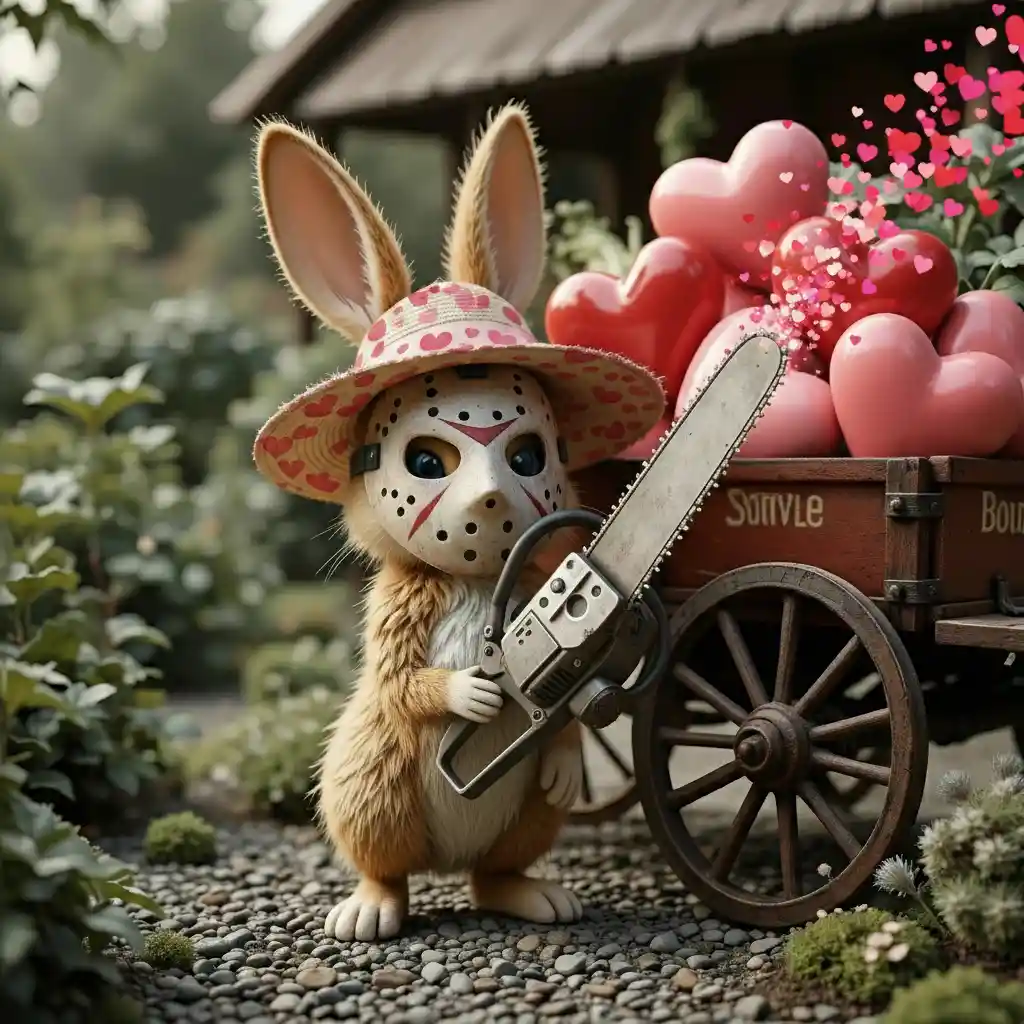 Cute rabbit holding a chainsaw with sparkling red hearts