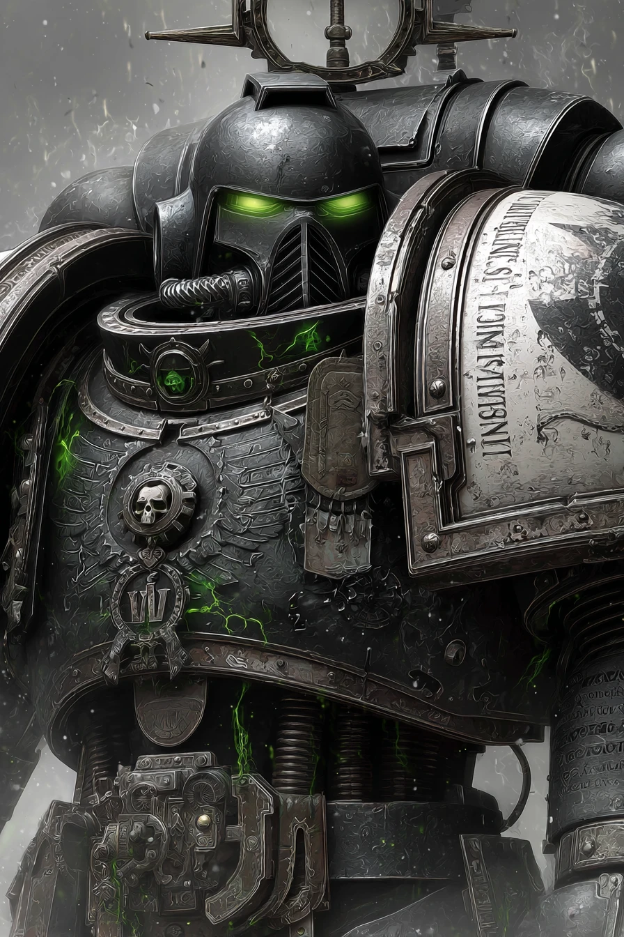 Deathwatch commander fused with alien armor in ruins