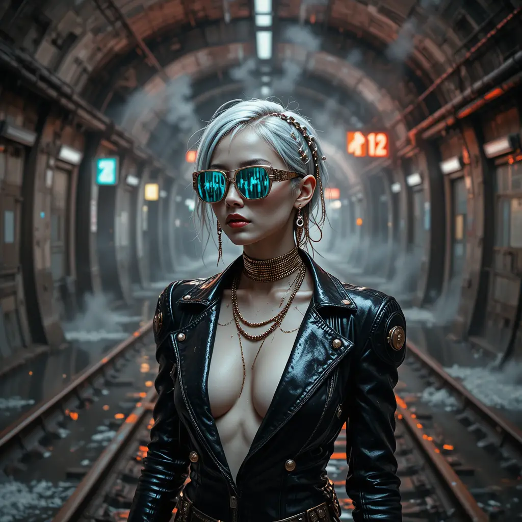 Mujer en túnel de metro inundado con moda cyberpunk