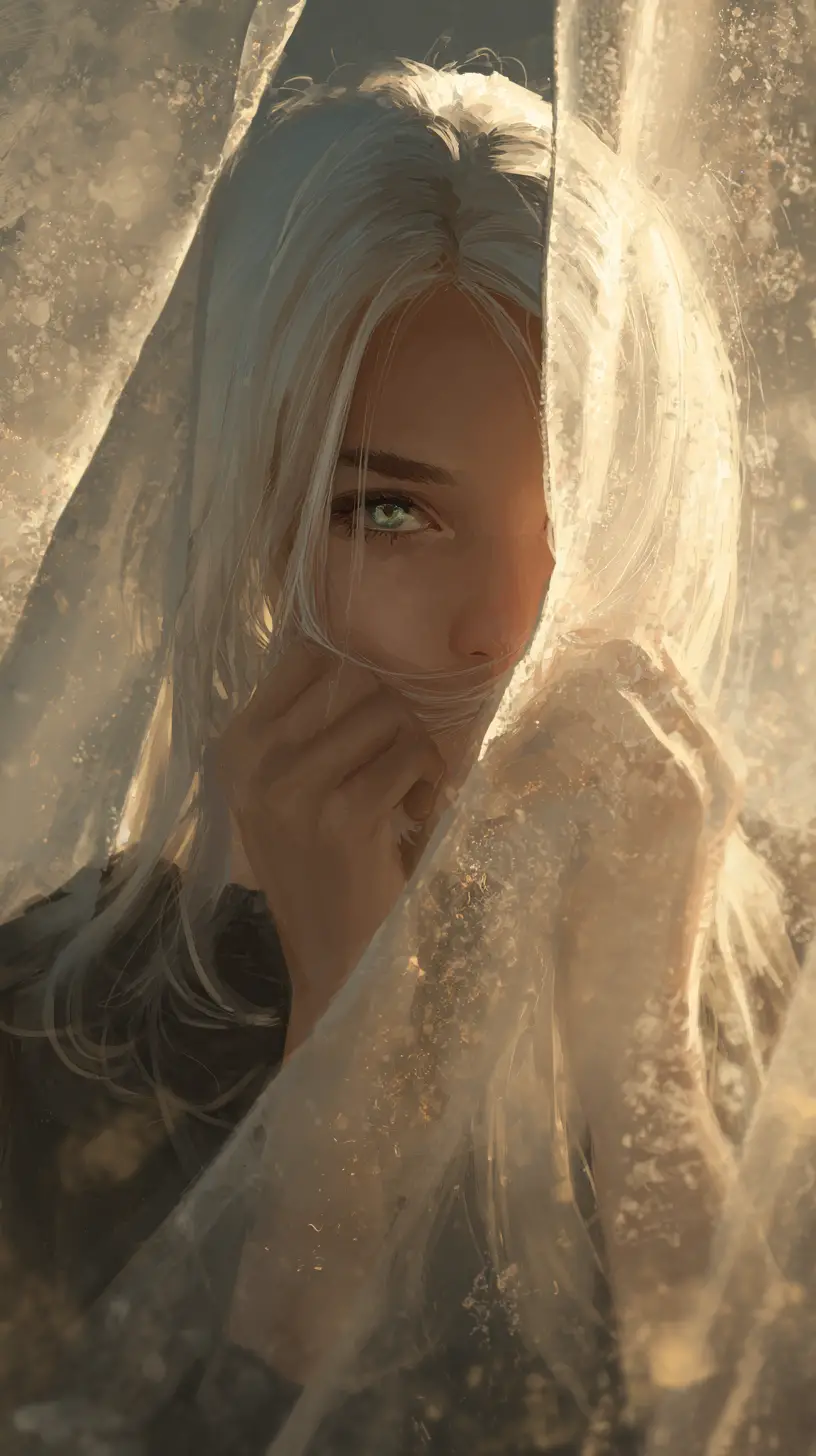 Ethereal white haired woman parting a glowing veil
