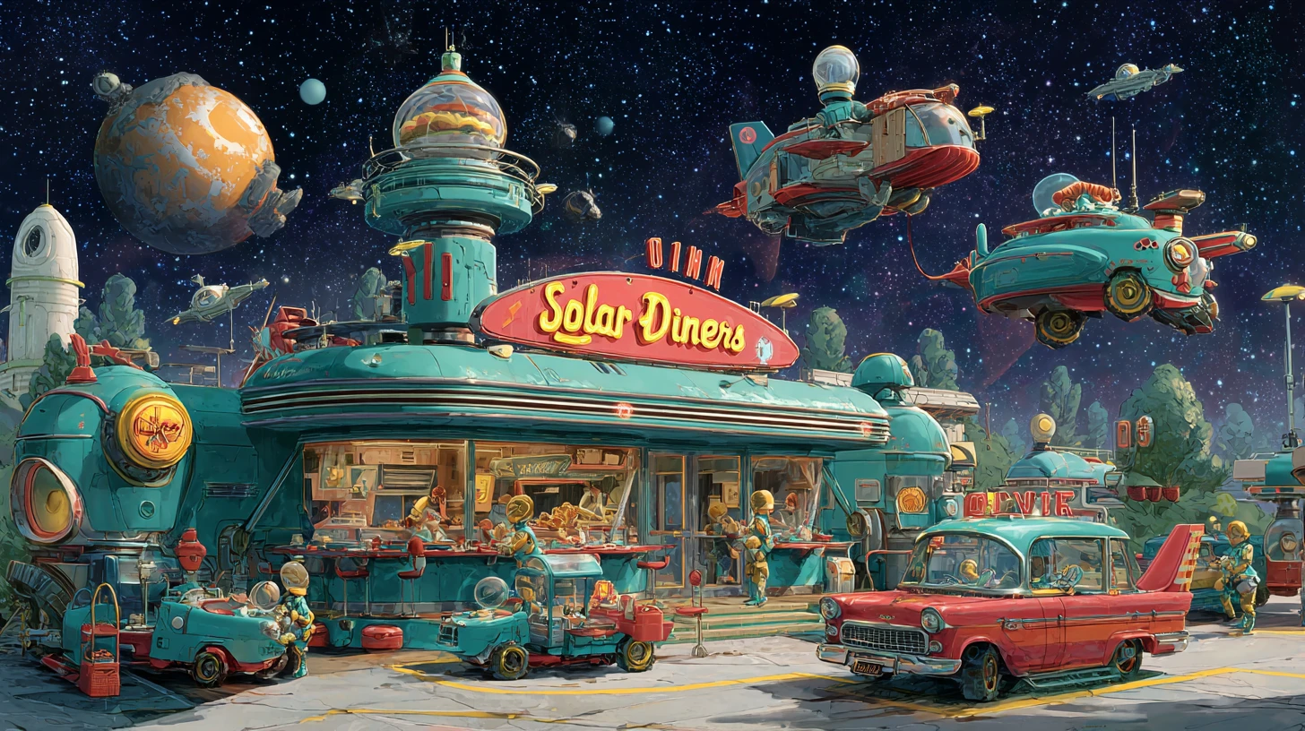 Colorful space diner with visiting family starships