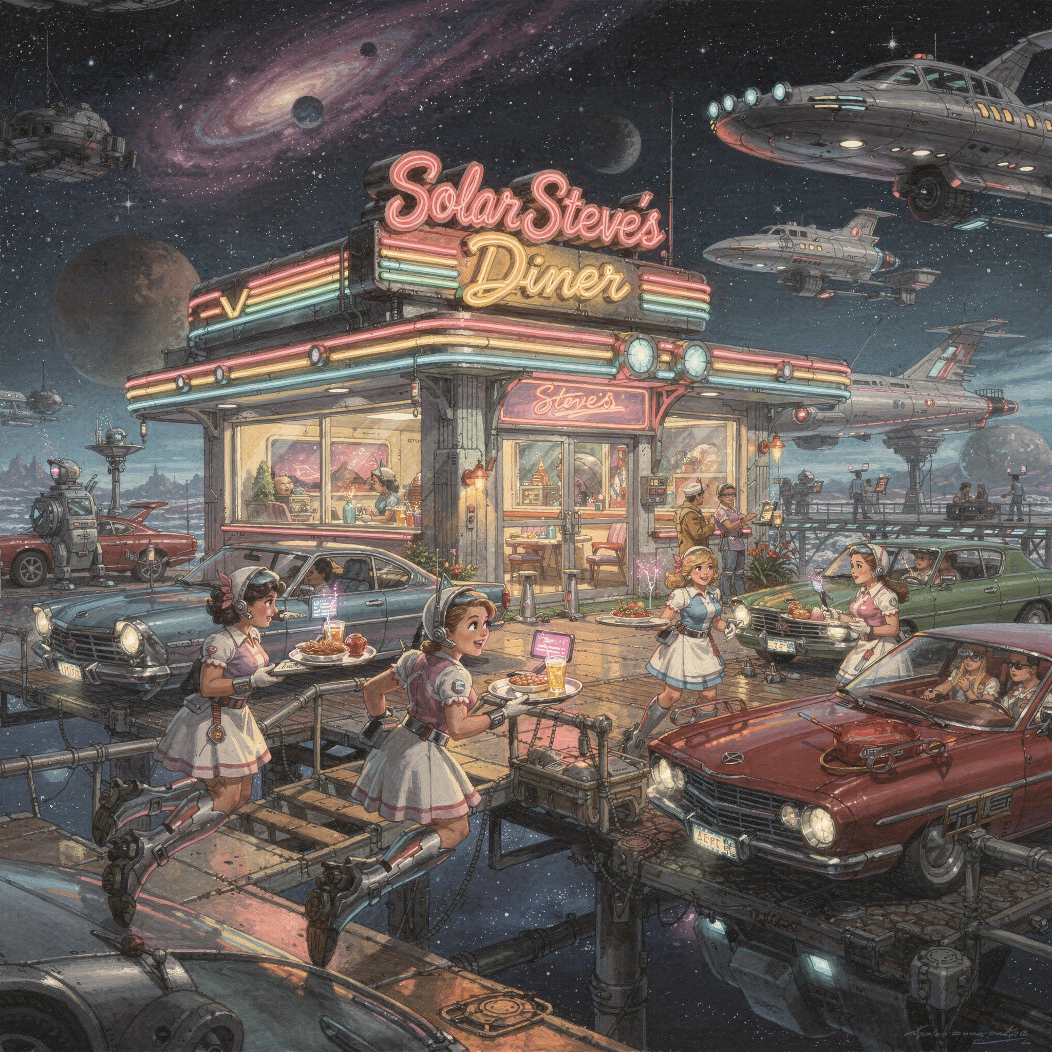 Retro space diner bustling with ships and rocket boot waitresses