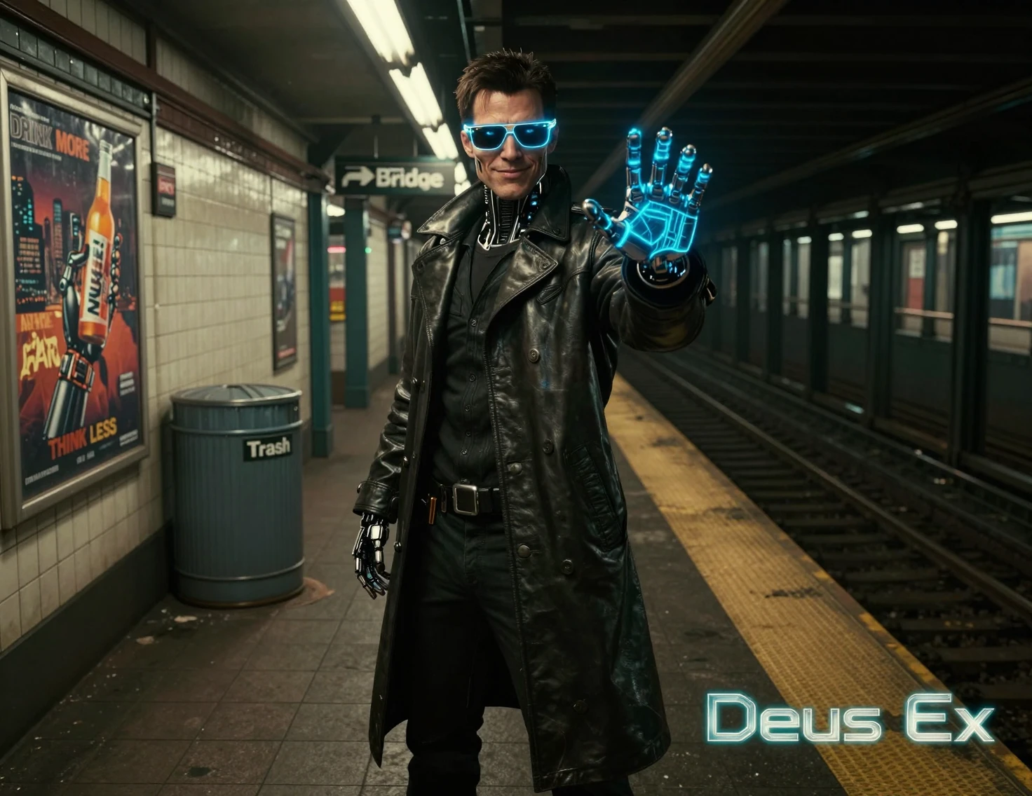 Erweiterter Detektiv auf einem düsteren Cyberpunk-U-Bahnsteig