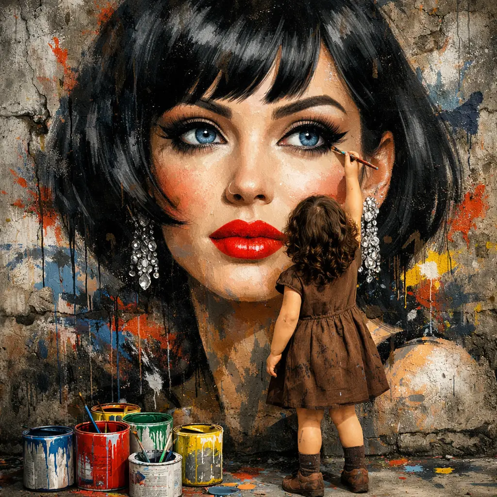 Little girl painting glamorous street art portrait on concrete wall