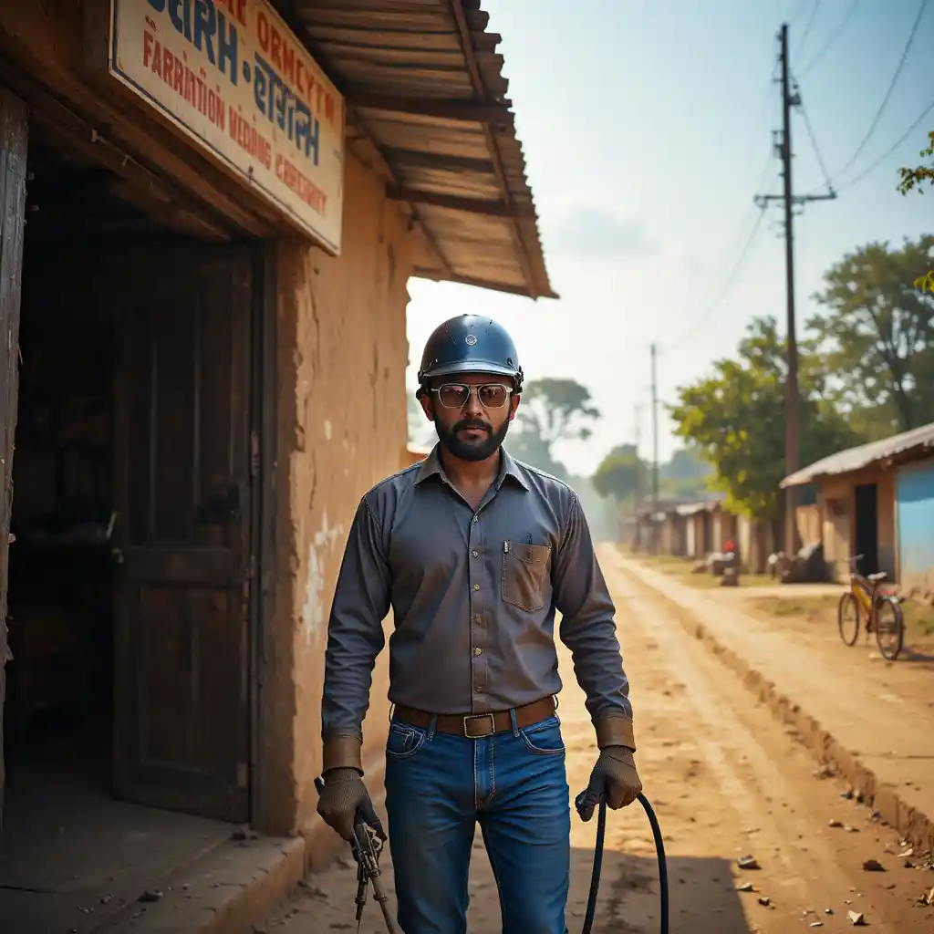 Rural Indian welder stepping out of village workshop