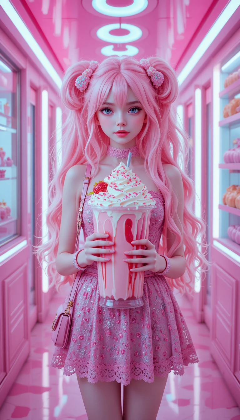 Pastel pink anime girl in glowing dessert hallway