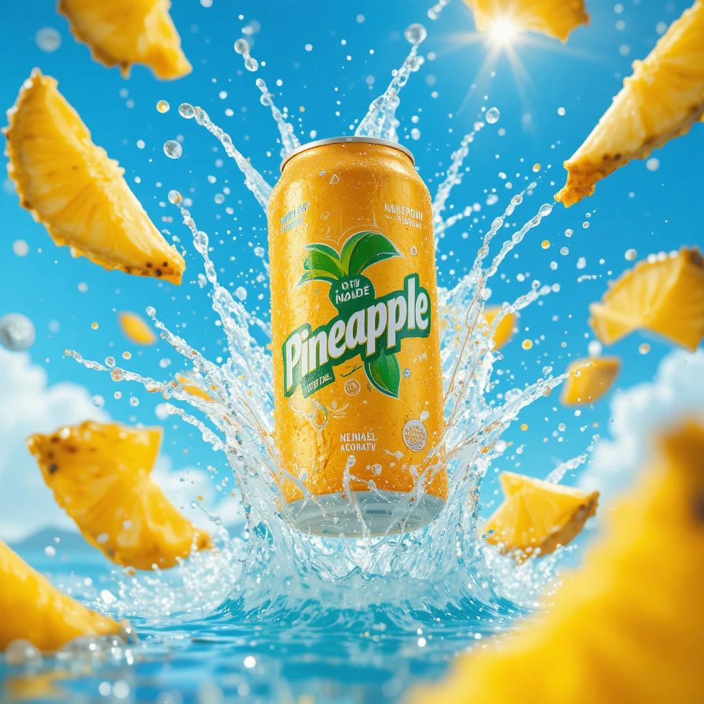 Pineapple soda can splashing in water under blue sky