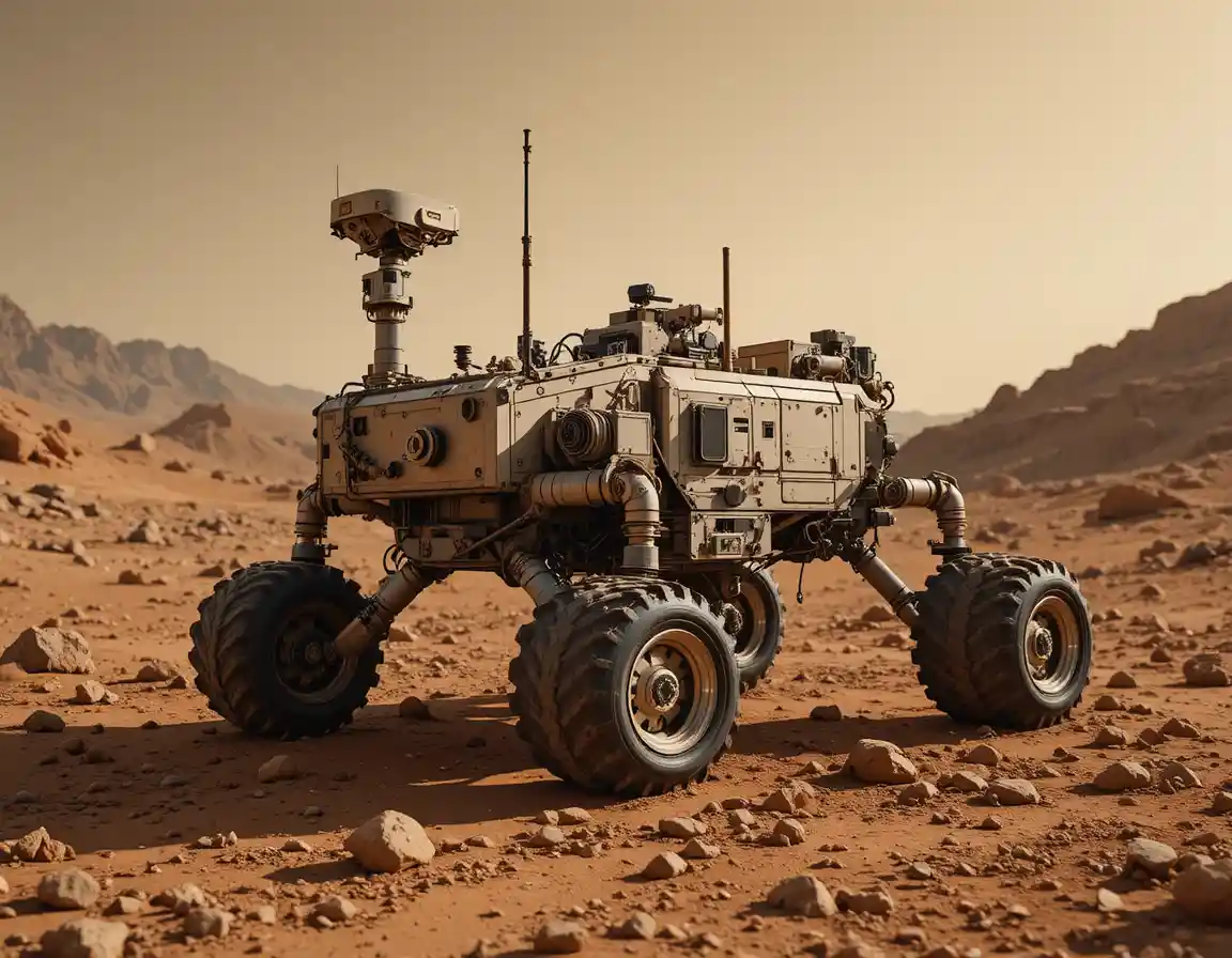 Mars exploration rover crossing a rugged rocky landscape