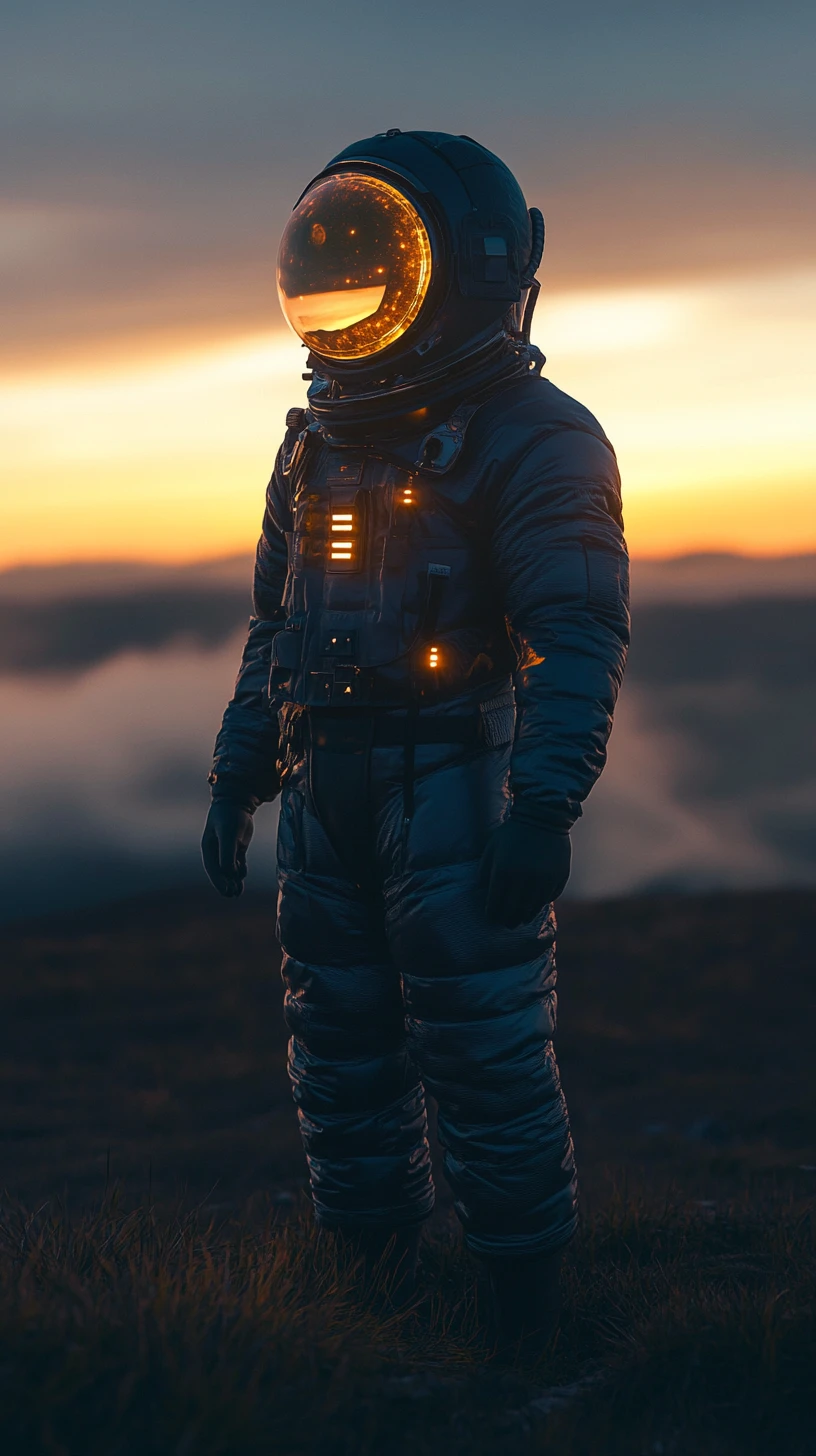 Futuristischer blauer Raumanzug unter dramatischem Sonnenuntergangshimmel