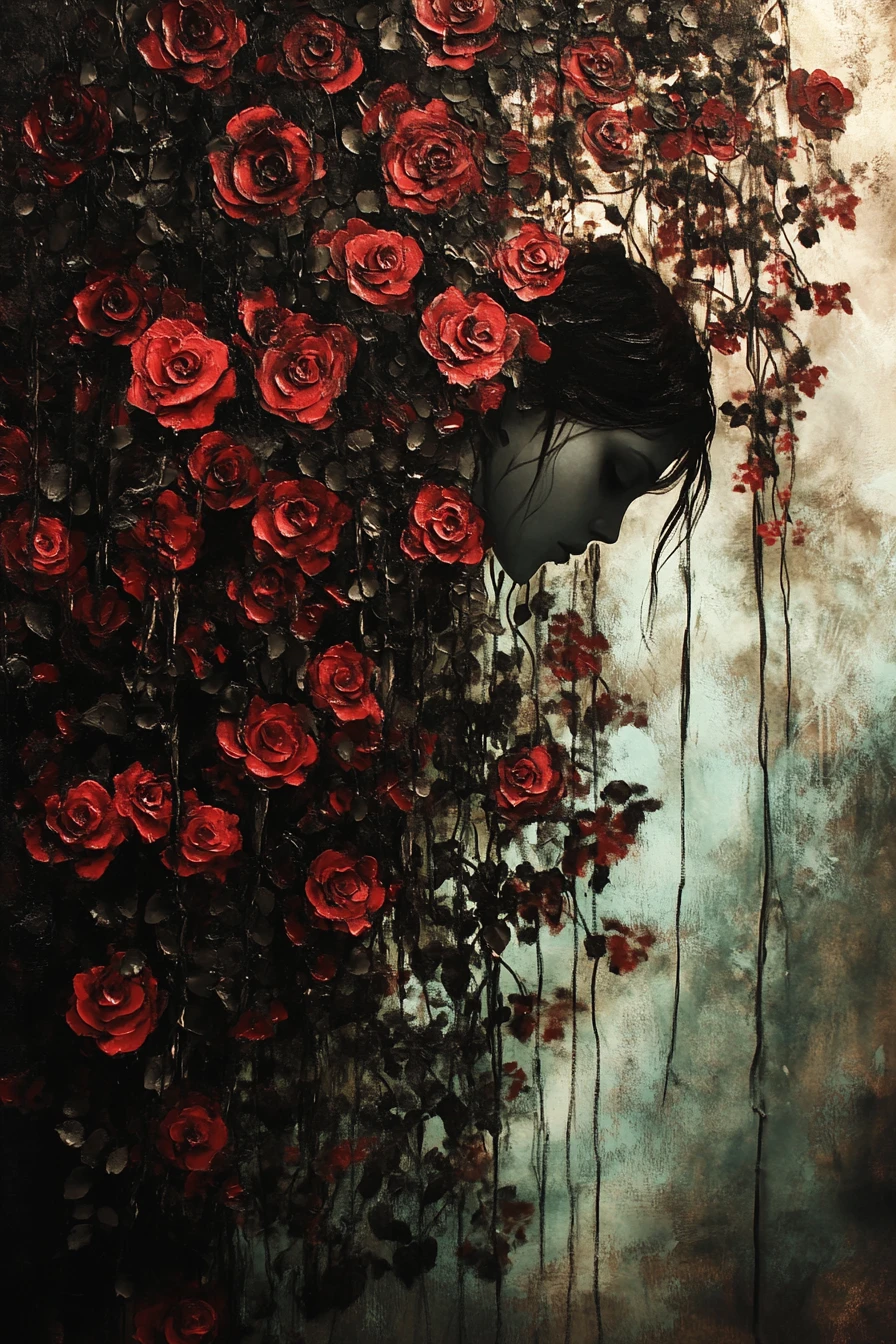 Surreale Frau, die aus Rosen in einem unheimlichen grünen Wald auftaucht