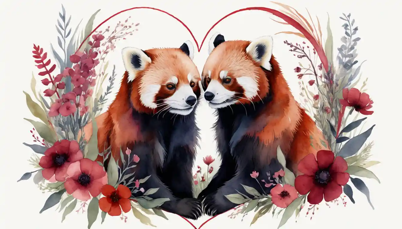 Panda rossi che formano un cuore tra fiori selvatici dipinti a inchiostro