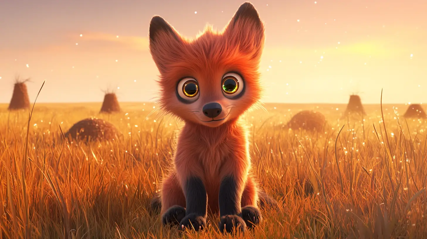 Baby maned wolf pup in glowing sunrise savanna