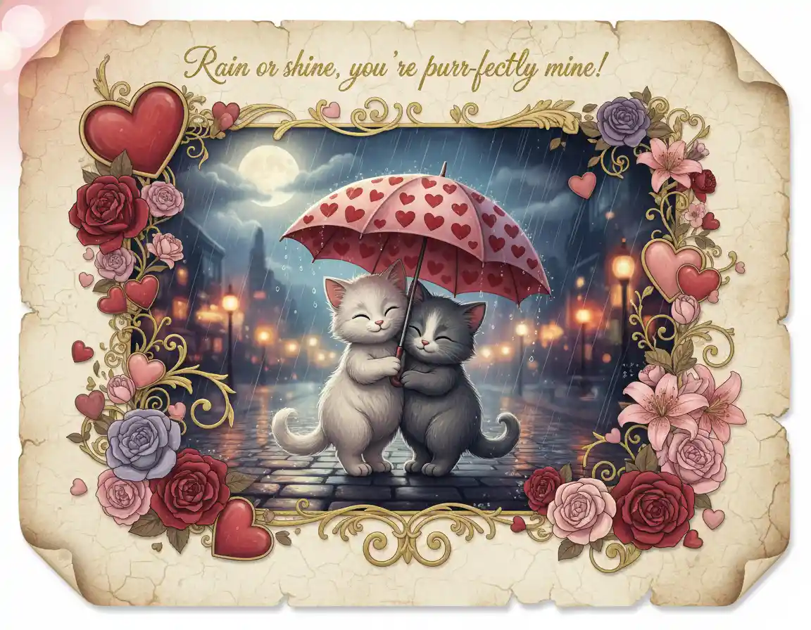 Two romantic cats under a heart umbrella in rain
