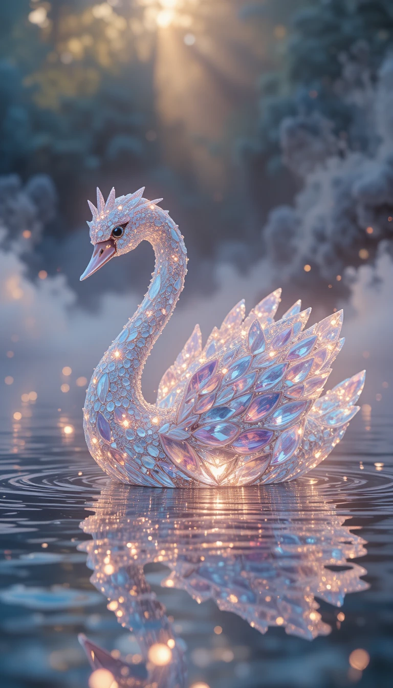 Cisne de cristal flotando en un lago de fantasía con arcoíris luminoso