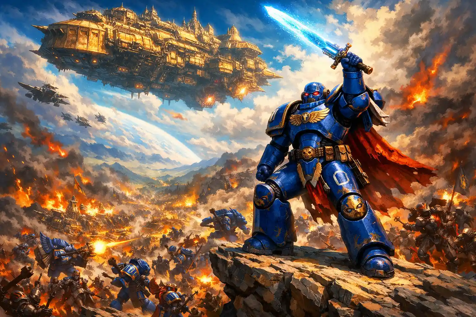 Armored sci fi warrior raising sword above vast battlefield