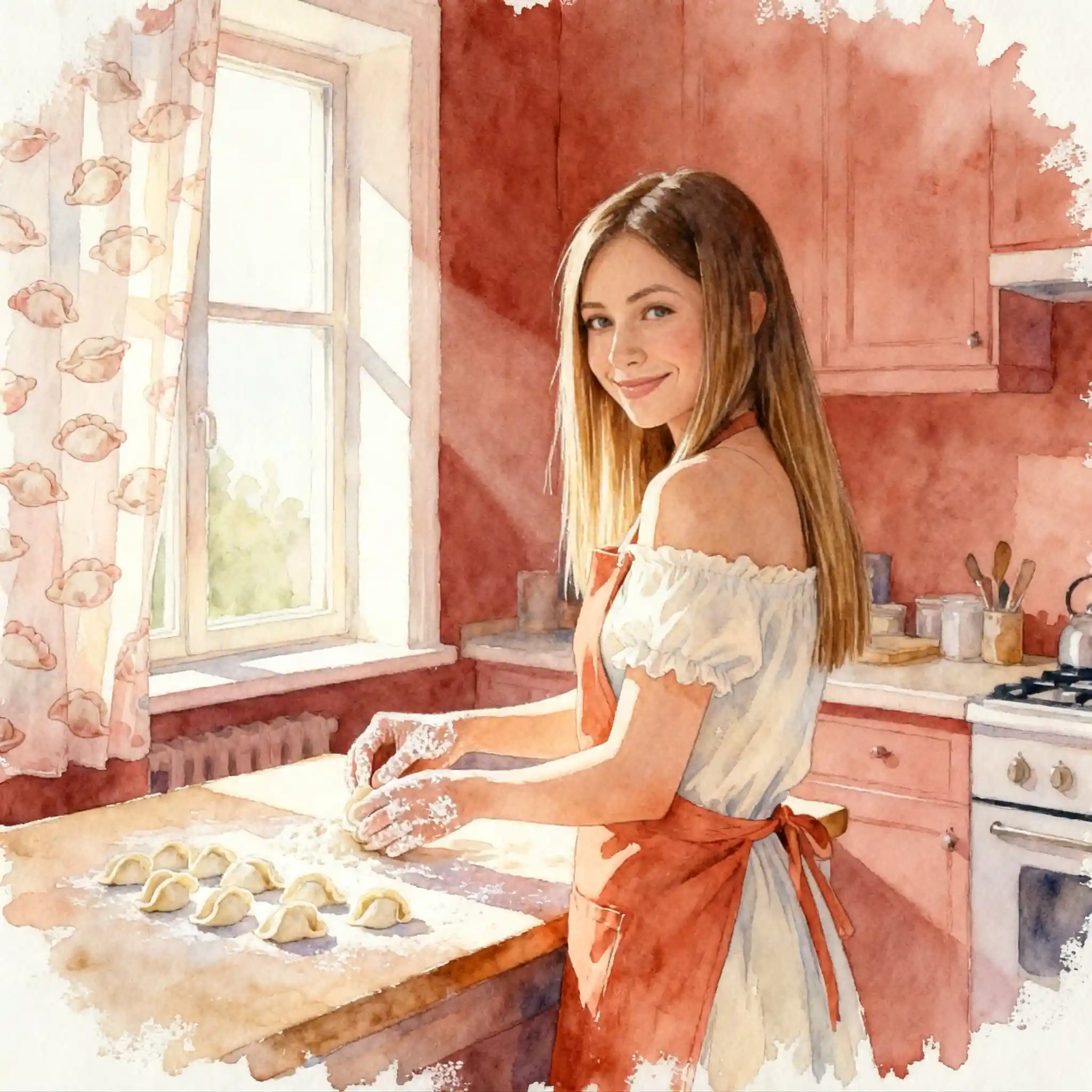 Smiling girl making pelmeni in a sunlit cozy kitchen