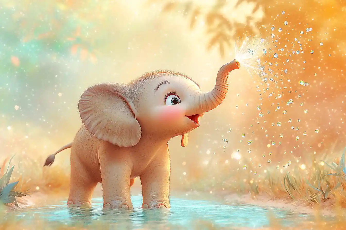Baby elephant splashing rainbow water in jungle dawn pool