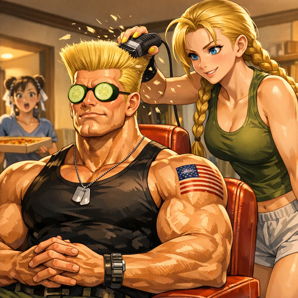 Homem musculoso de anime fazendo corte flattop no apartamento