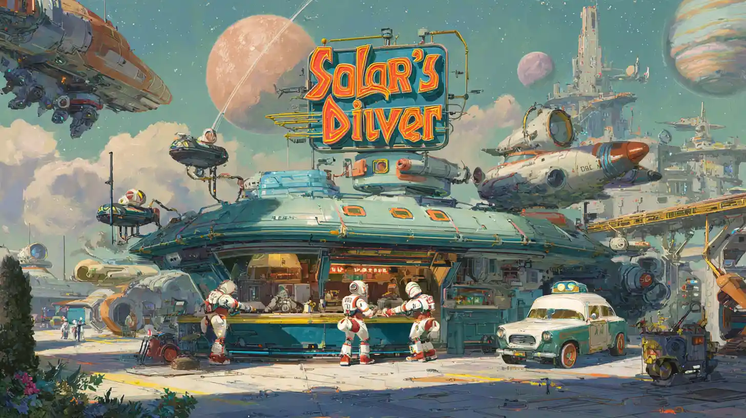 Colorido restaurante espacial en una estación orbital remota