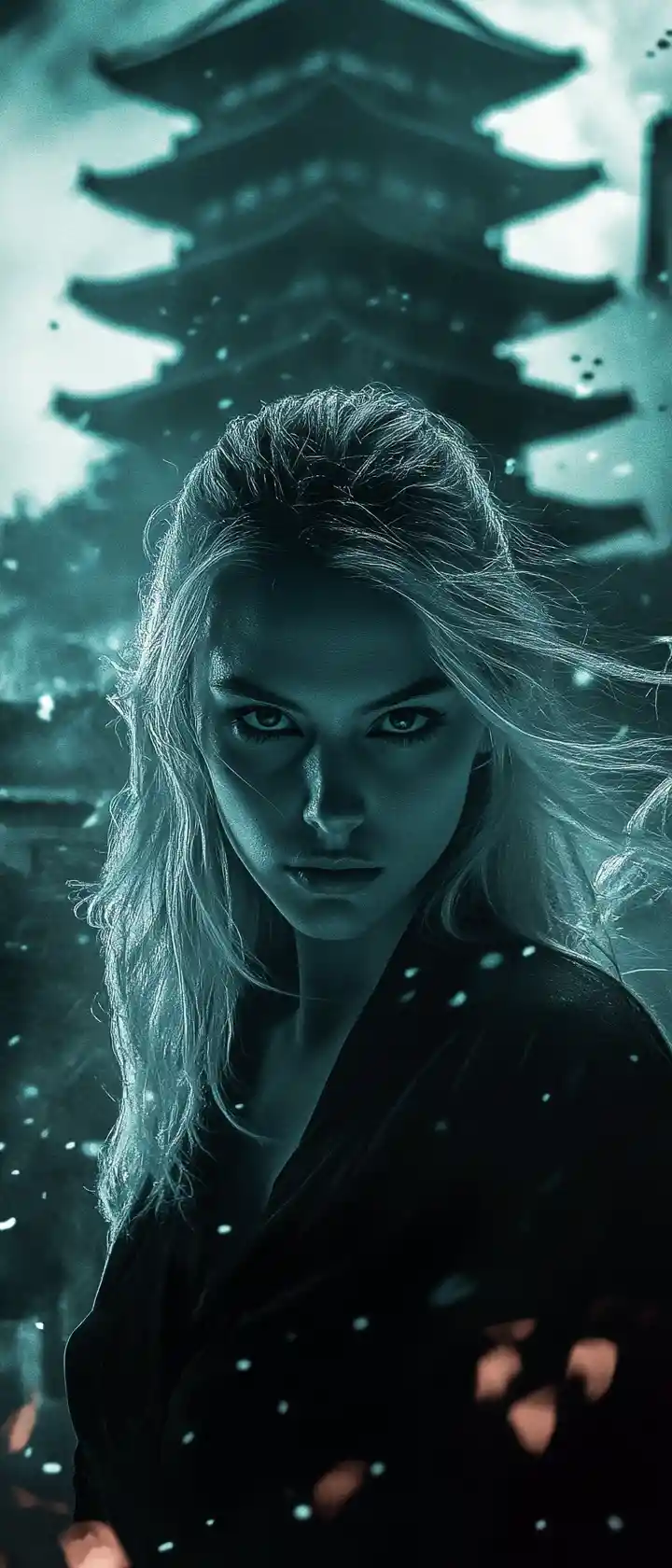 Femme Blonde Austère en Portrait Noir et Blanc en Contre-plongée