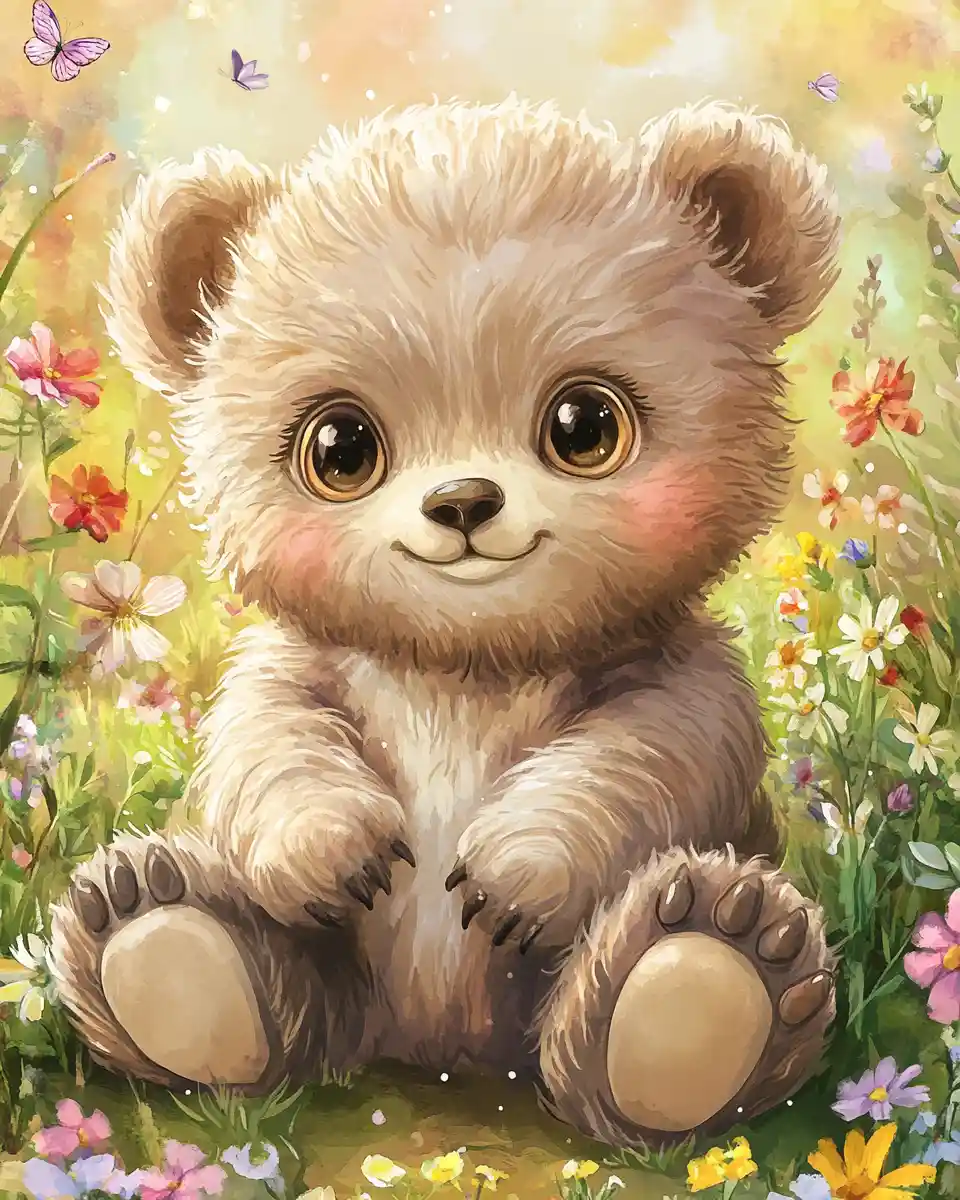 Cute baby bear cub in watercolor flower meadow