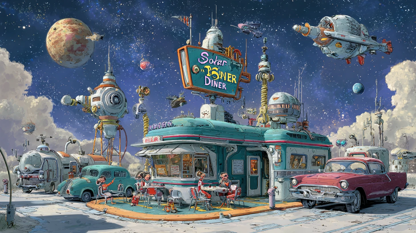 Colorful retro space diner bustling with family starships
