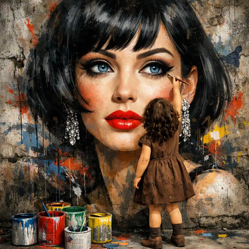 Little girl painting glamorous street art portrait on concrete wall