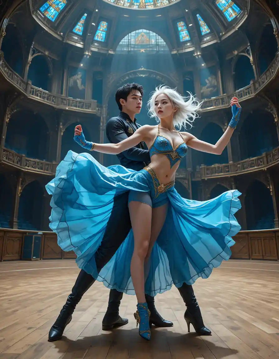 Two figure skaters performing a dynamic lift on ice