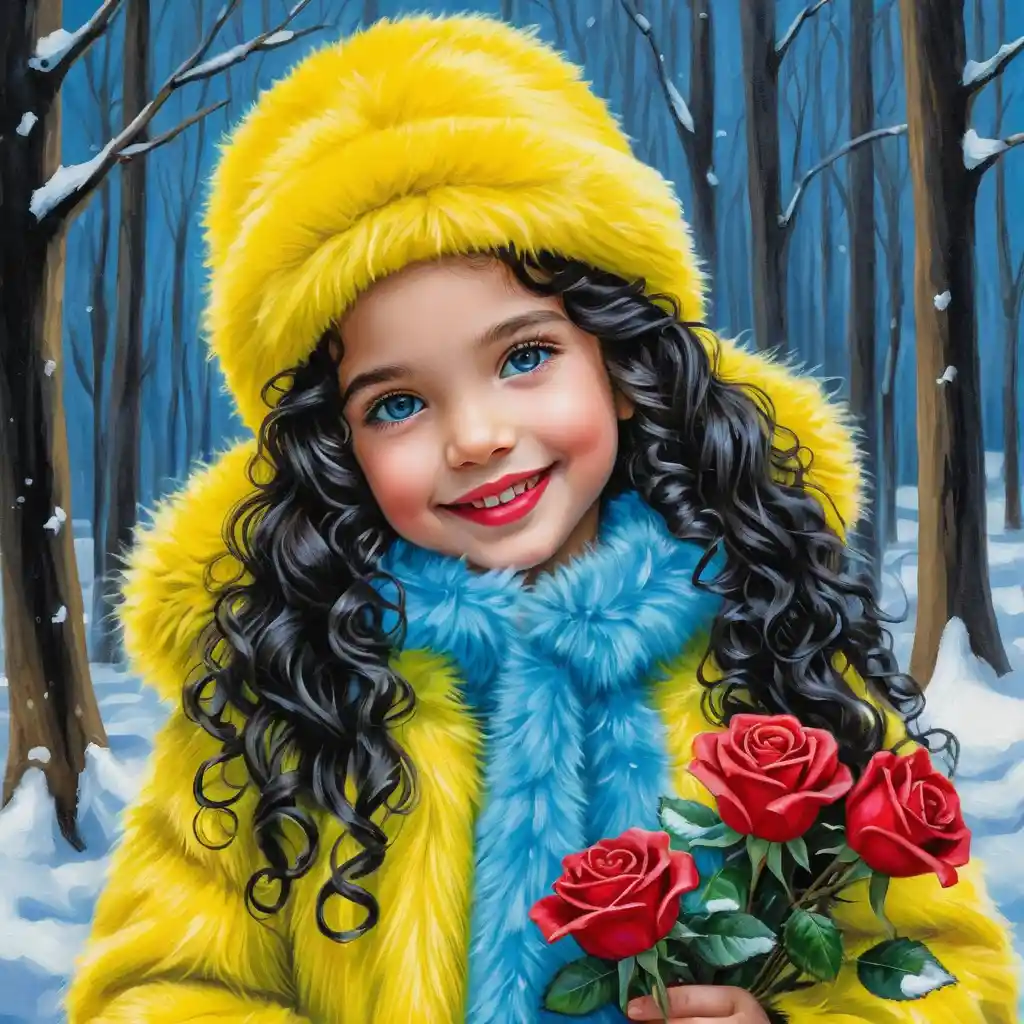 Smiling winter girl in neon yellow fur hat and coat