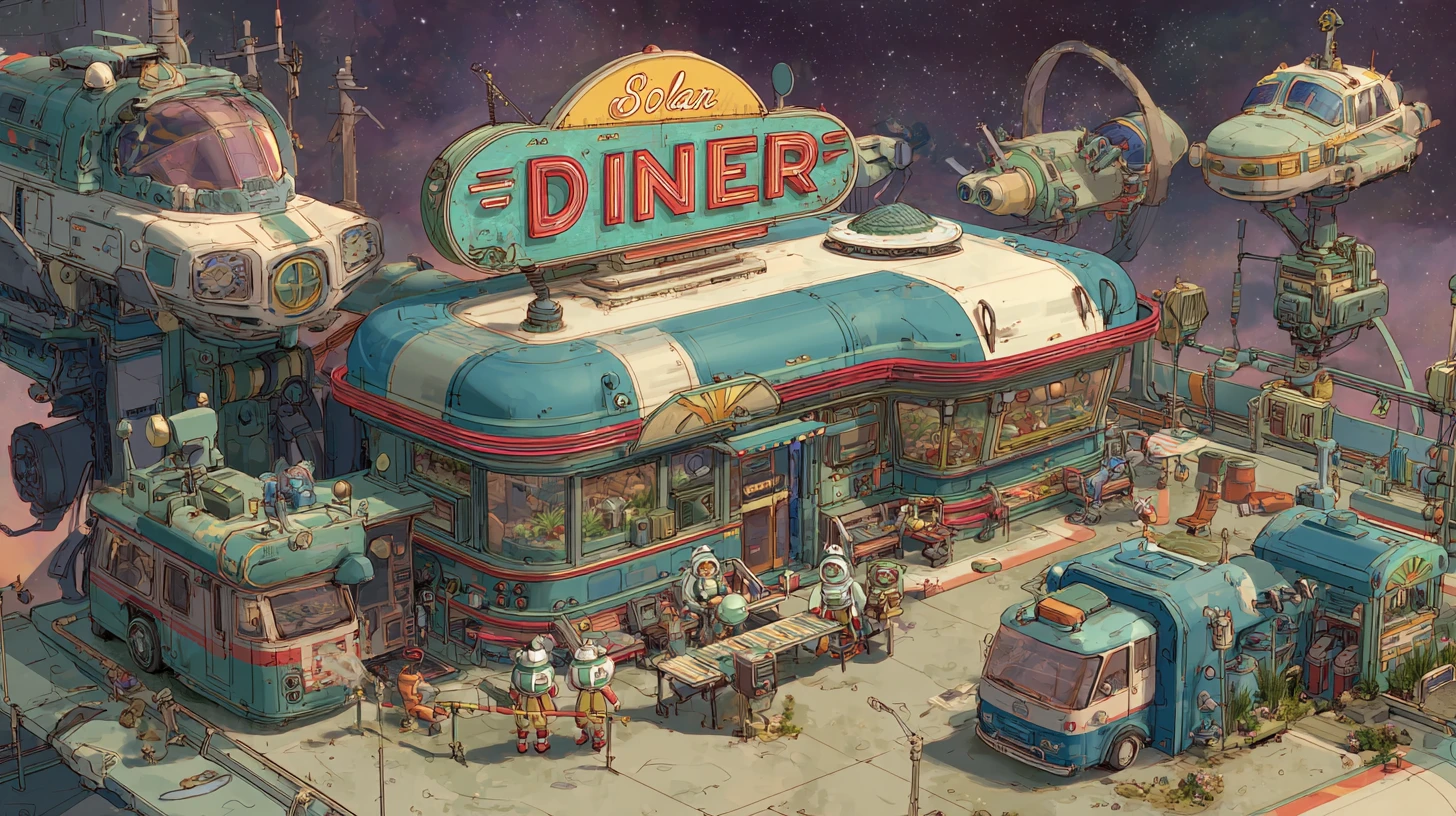 Colorido restaurante espacial lleno de naves y camareras con botas cohete