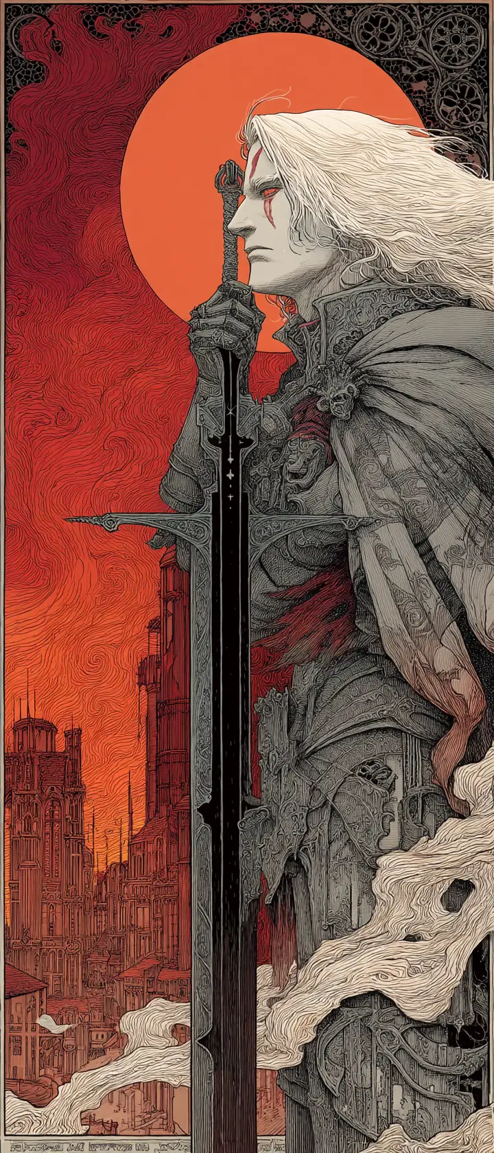 Albino prince on obsidian balcony above burning city