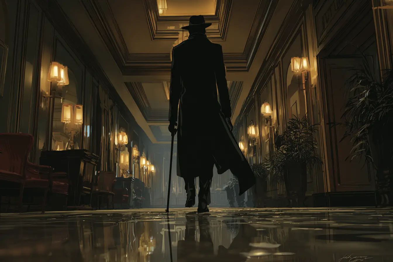Wet man in fedora walking through vintage hotel lobby