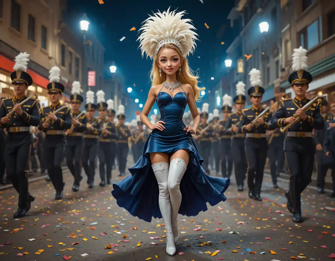 Artiste féminine menant un défilé de rue nocturne animé