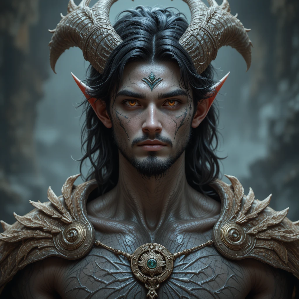 Dragon man with dark hair and burning amber eyes