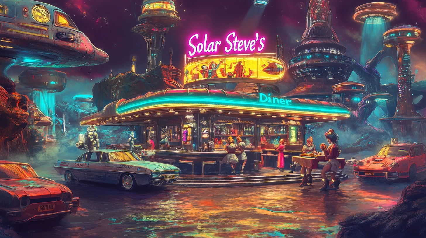 Retro space diner with rocket boot waitresses serving ships
