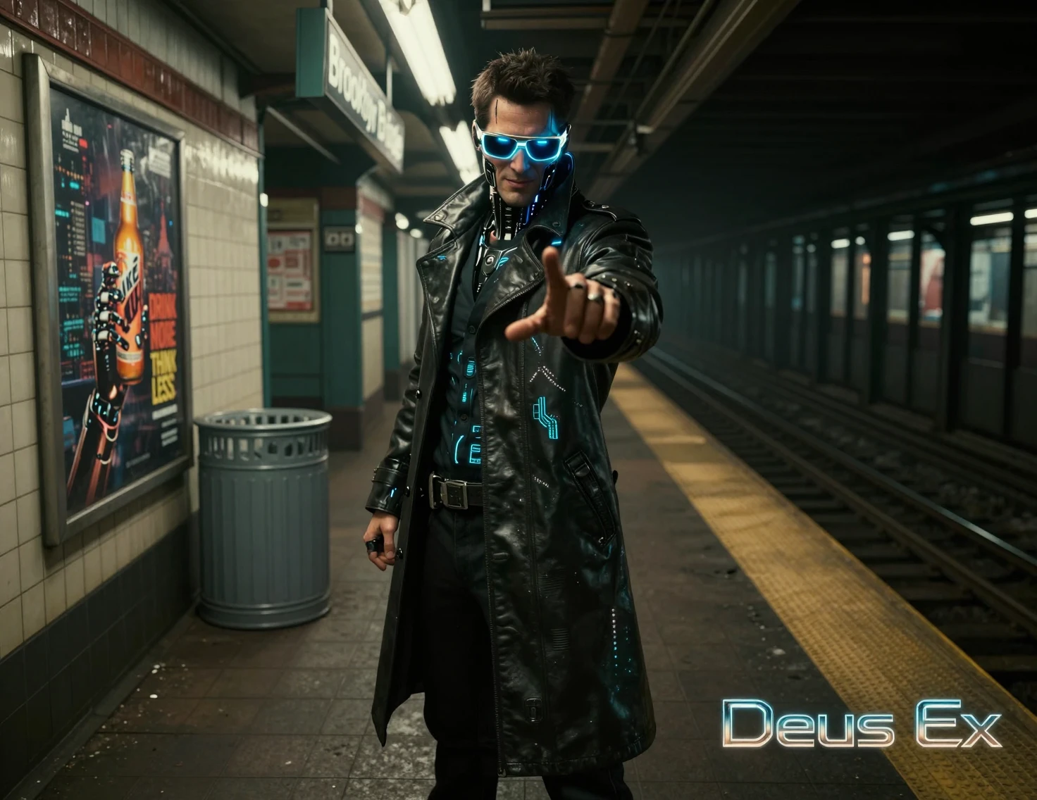 Detective cibernetico su una cupa banchina della metropolitana
