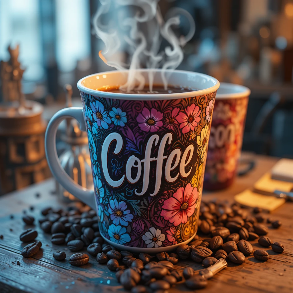 Representación 3D estilizada de tazas de café perfectamente ordenadas