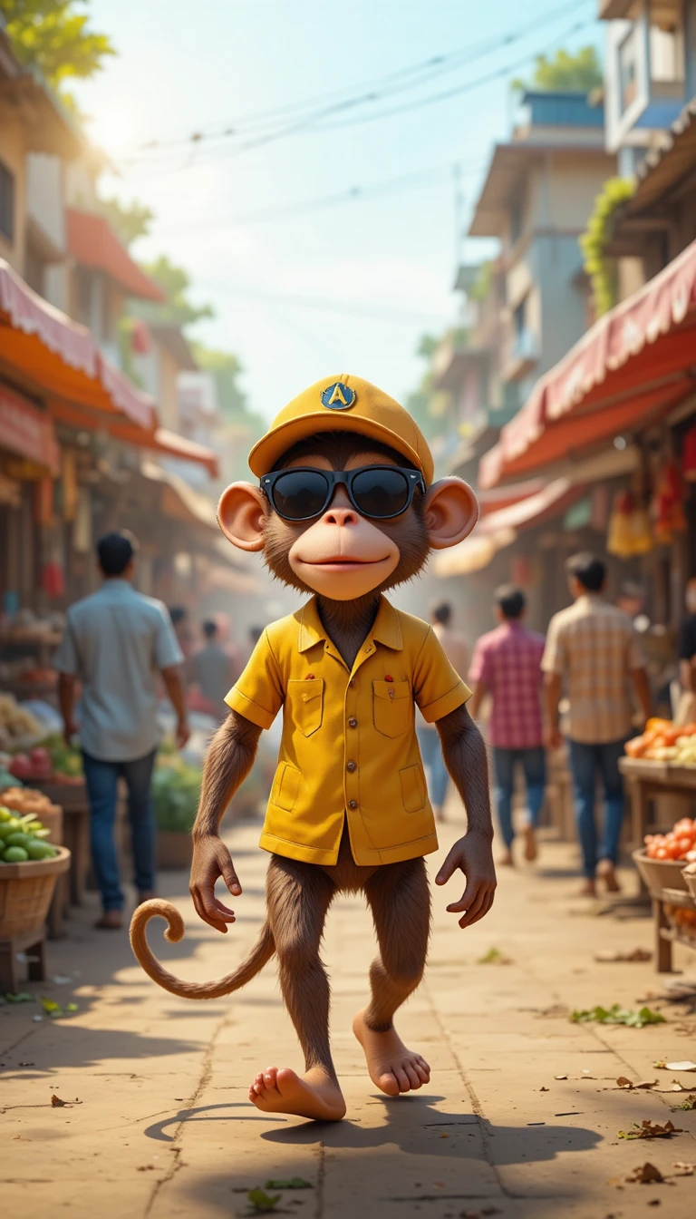 Cartoon monkey vendor in a busy Indian vegetable market