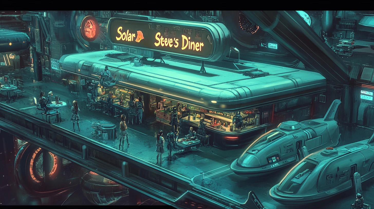 Retro space diner bustling with visiting family starships