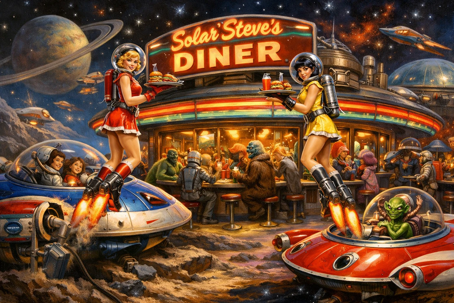 Colorful space diner bustling with ships and rocket waitresses
