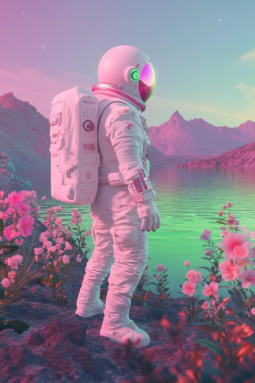 Astronaut On Surreal Alien Planet With Neon Pastel Landscape