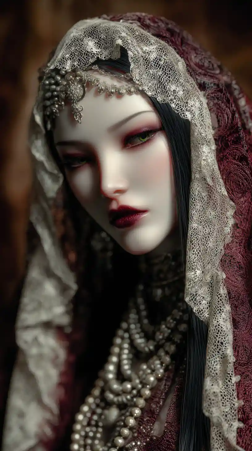 Mystical woman emerging through silken veil in golden light