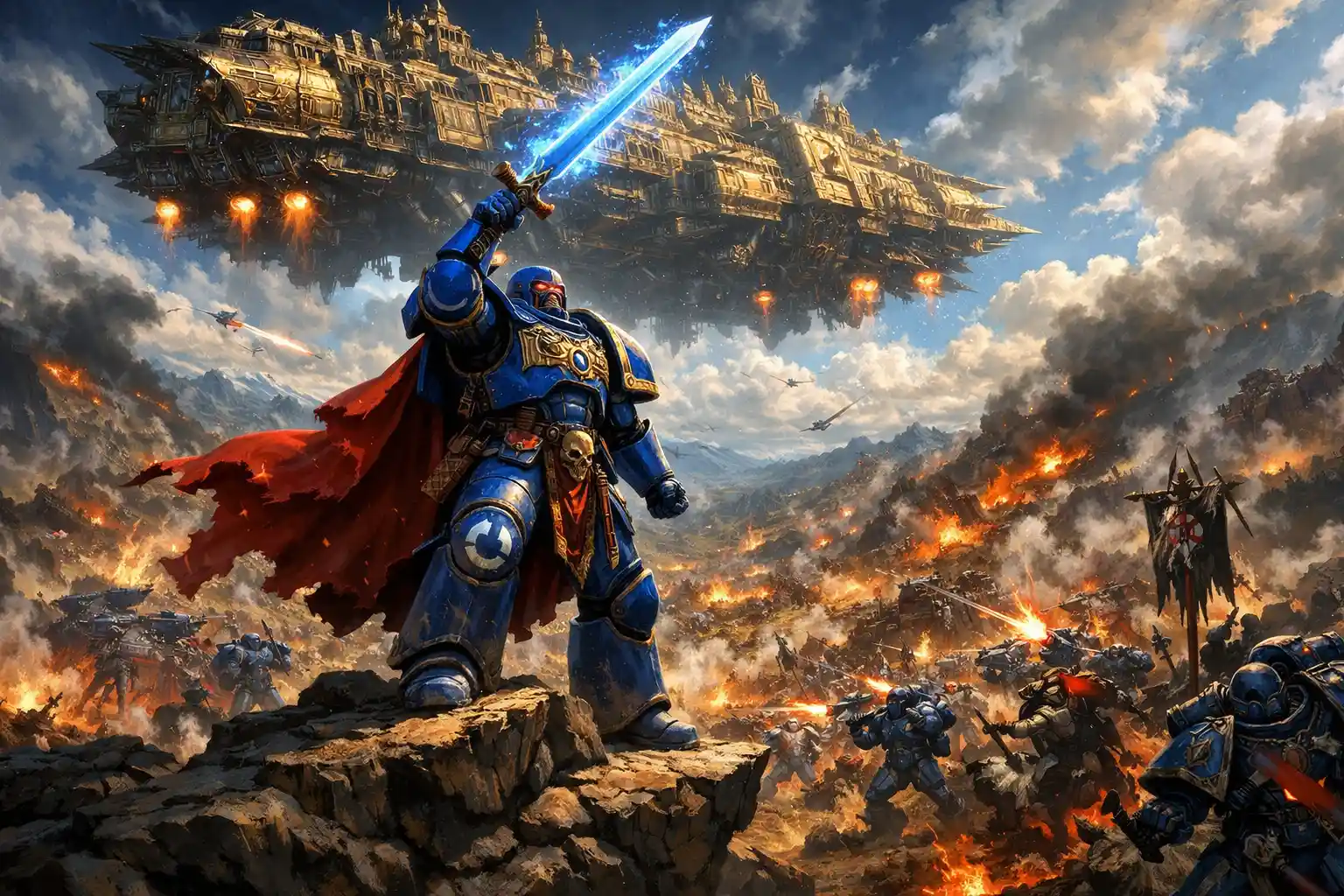 Armored warrior raising power sword above vast battle