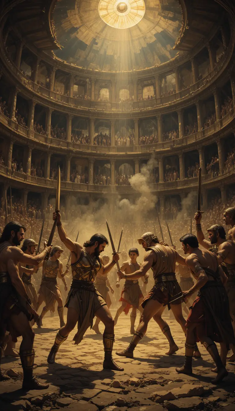 Gladiators Clash With Short Swords In A Dark Colosseum