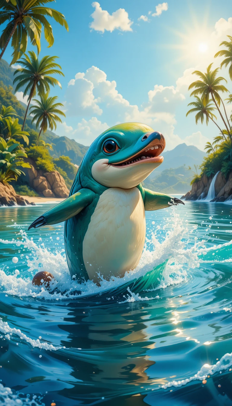 Joyful dolphin leaping in glowing tropical ocean waters