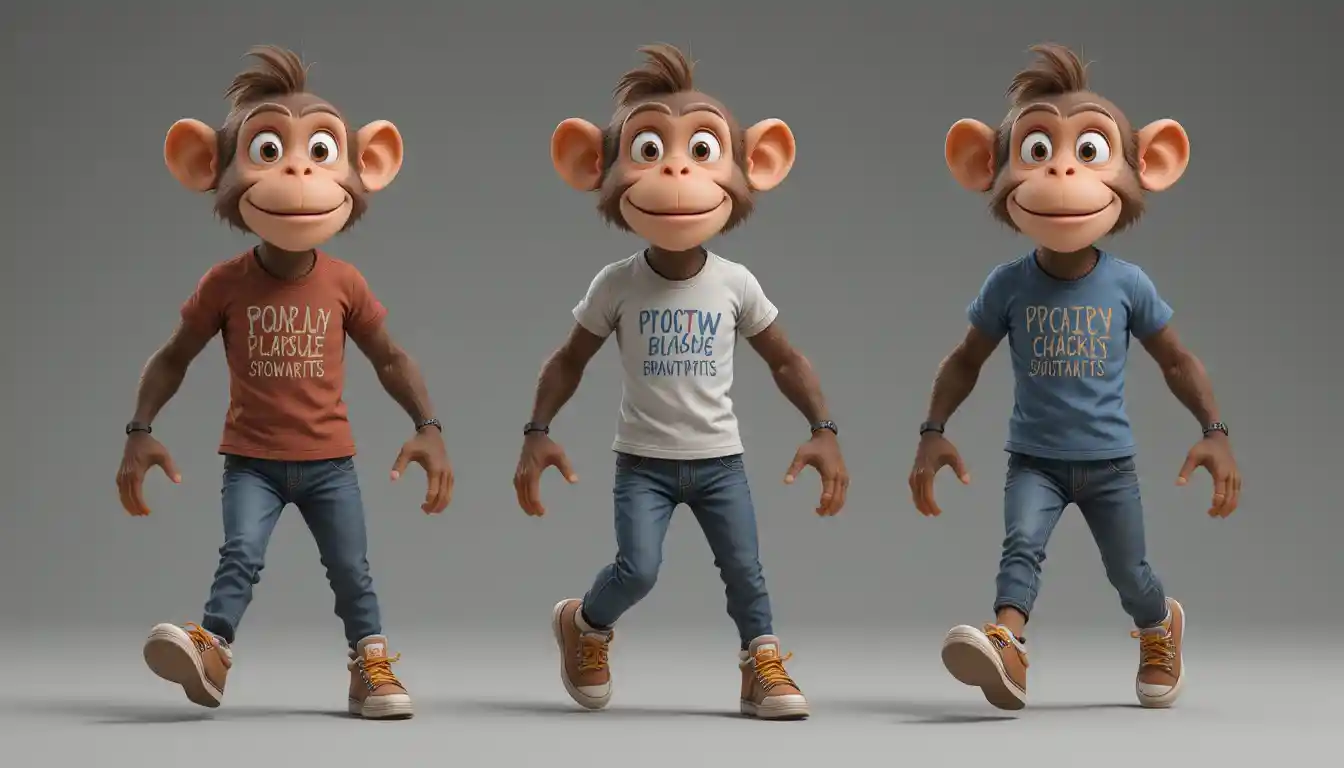 Cartoon monkey character walking in casual jeans and T shirt