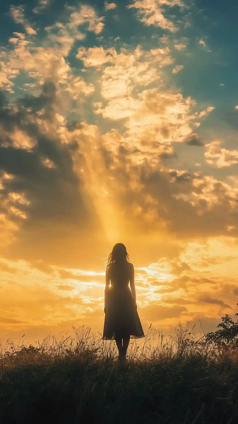 Woman on grassy ridge under radiant golden hour sky