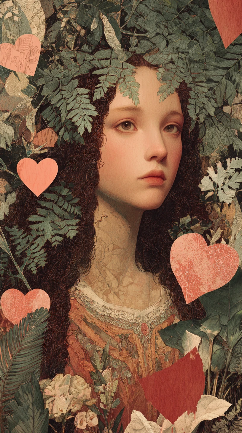 Mujer melancólica con helechos y corazones en collage surrealista
