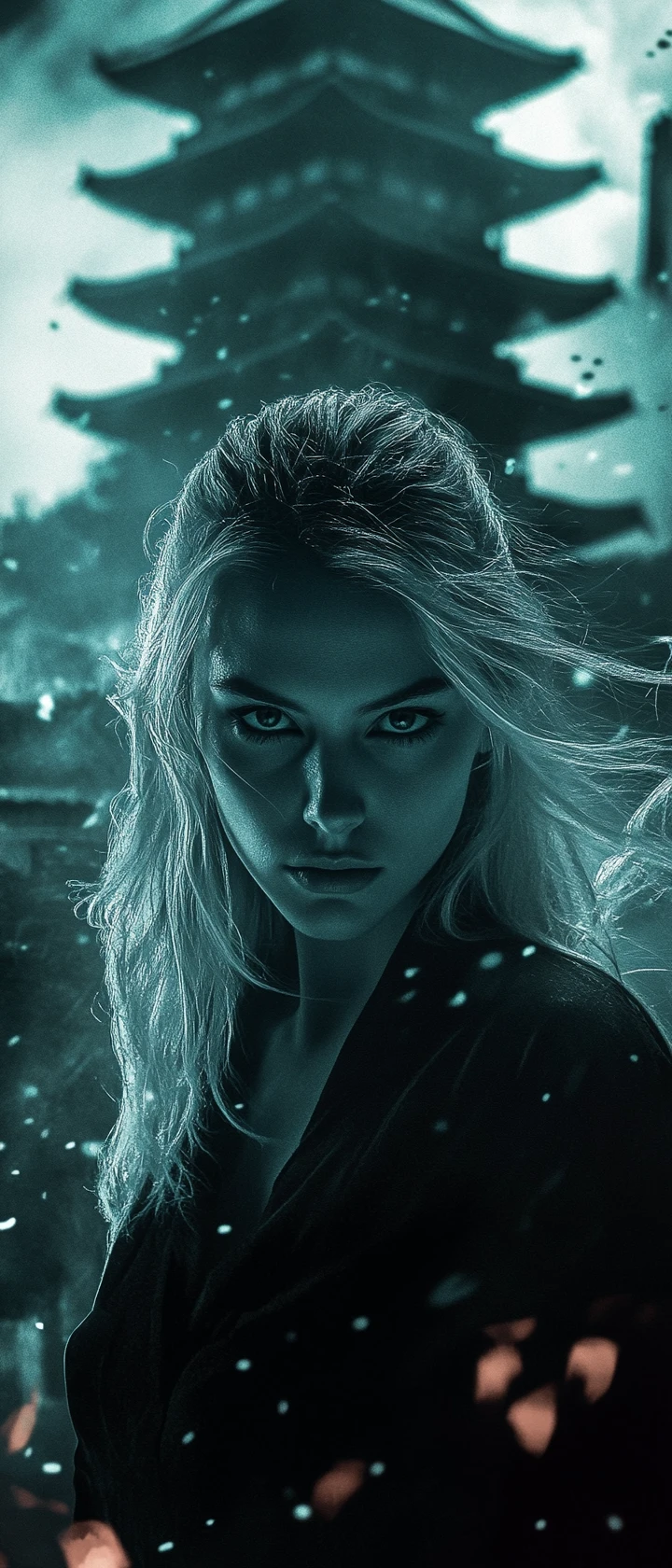 Femme Blonde Austère en Portrait Noir et Blanc en Contre-plongée